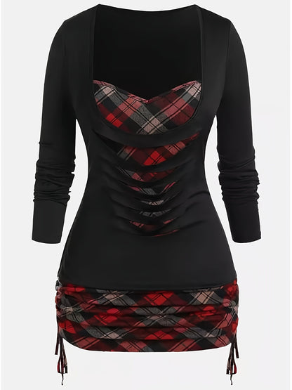 Long Sleeve Plaid Print Deep V Neck Casual T-shirt