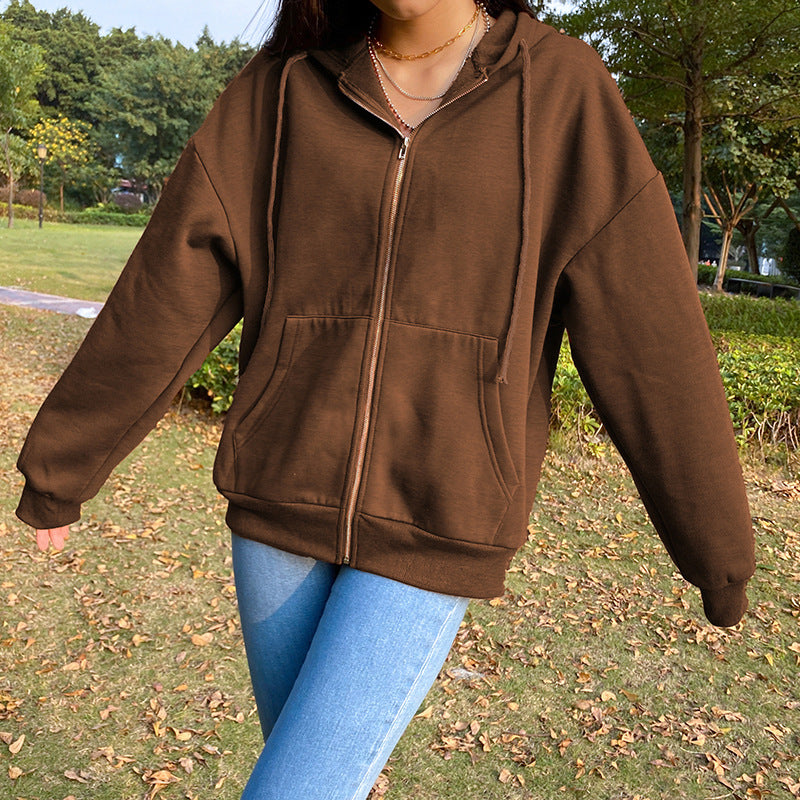Women’s Y2K Brown Zip Up Hoodie – Streetwear Sweatshirt