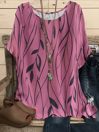 Plus Size Elegant T-shirt, Women's Plus Casual Floral Print Round Neck Half Sleeve Tee