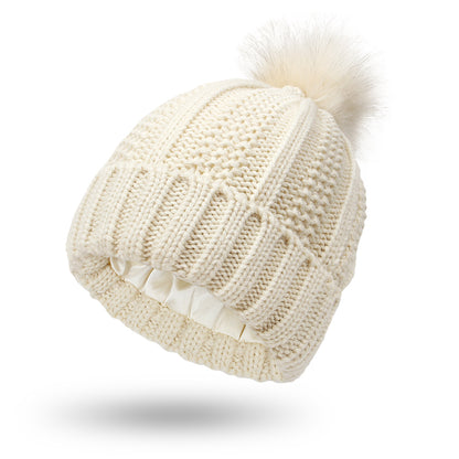 Women’s Winter Knitted Pom Pom Beanie with Satin Lining