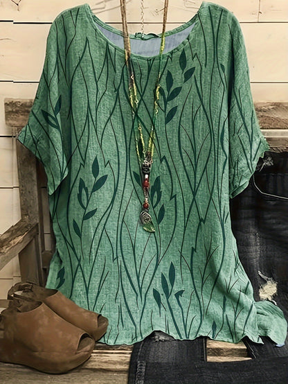 Plus Size Elegant T-shirt, Women's Plus Casual Floral Print Round Neck Half Sleeve Tee