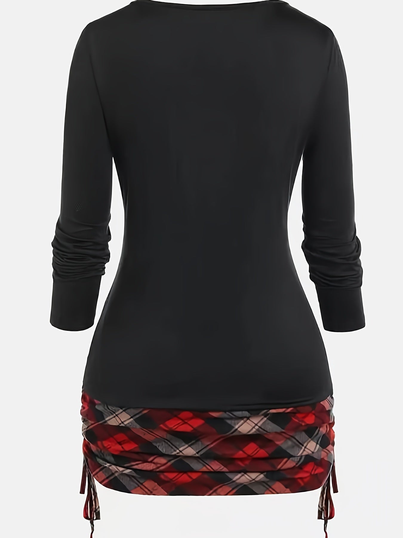 Long Sleeve Plaid Print Deep V Neck Casual T-shirt