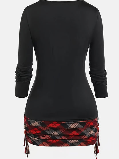 Long Sleeve Plaid Print Deep V Neck Casual T-shirt