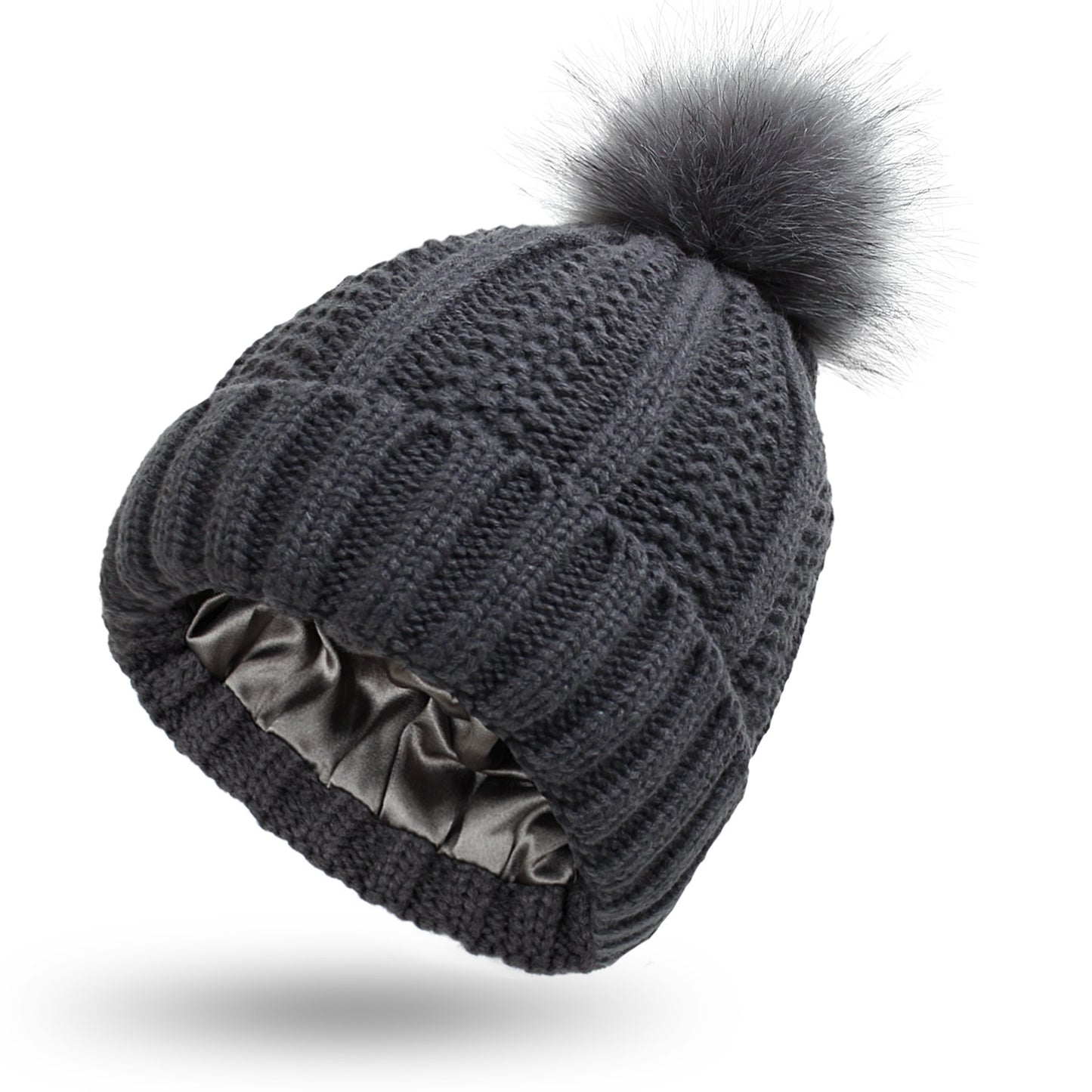 Women’s Winter Knitted Pom Pom Beanie with Satin Lining