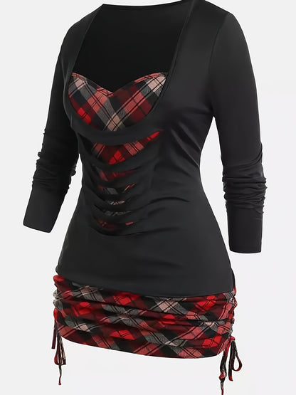 Long Sleeve Plaid Print Deep V Neck Casual T-shirt