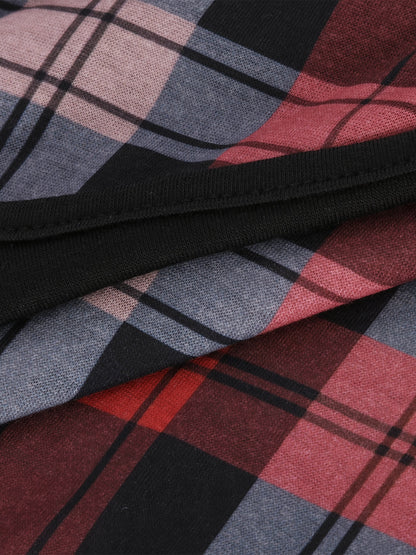 Long Sleeve Plaid Print Deep V Neck Casual T-shirt