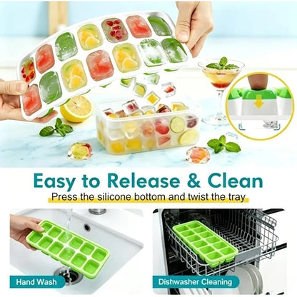 4-Pack Ice Cube Trays with Lid & Bin – Silicone Freezer Ice Mold
