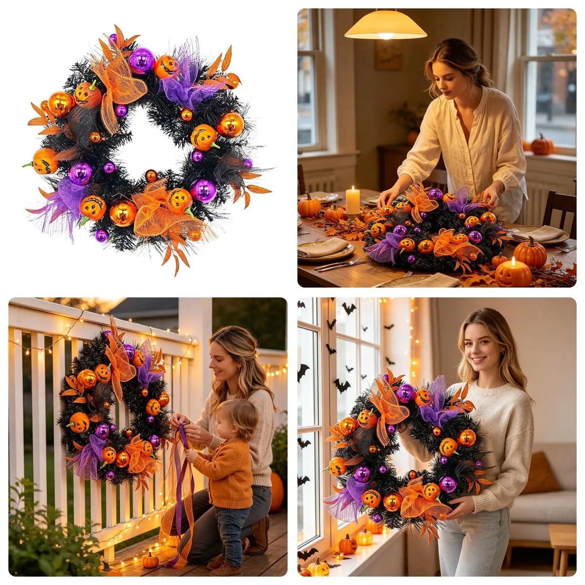 Halloween Pumpkin Ball Wreath – 19.69" Gothic Fall Door Decor
