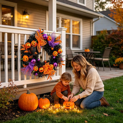 Halloween Pumpkin Ball Wreath – 19.69" Gothic Fall Door Decor