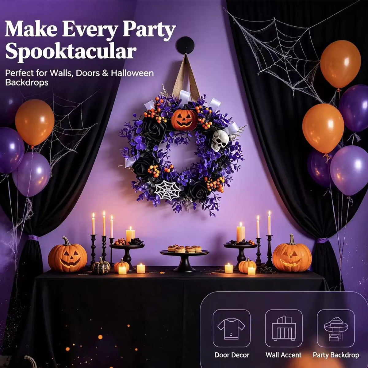 Halloween Skull & Pumpkin Wreath – 13.8" Front Door Decor