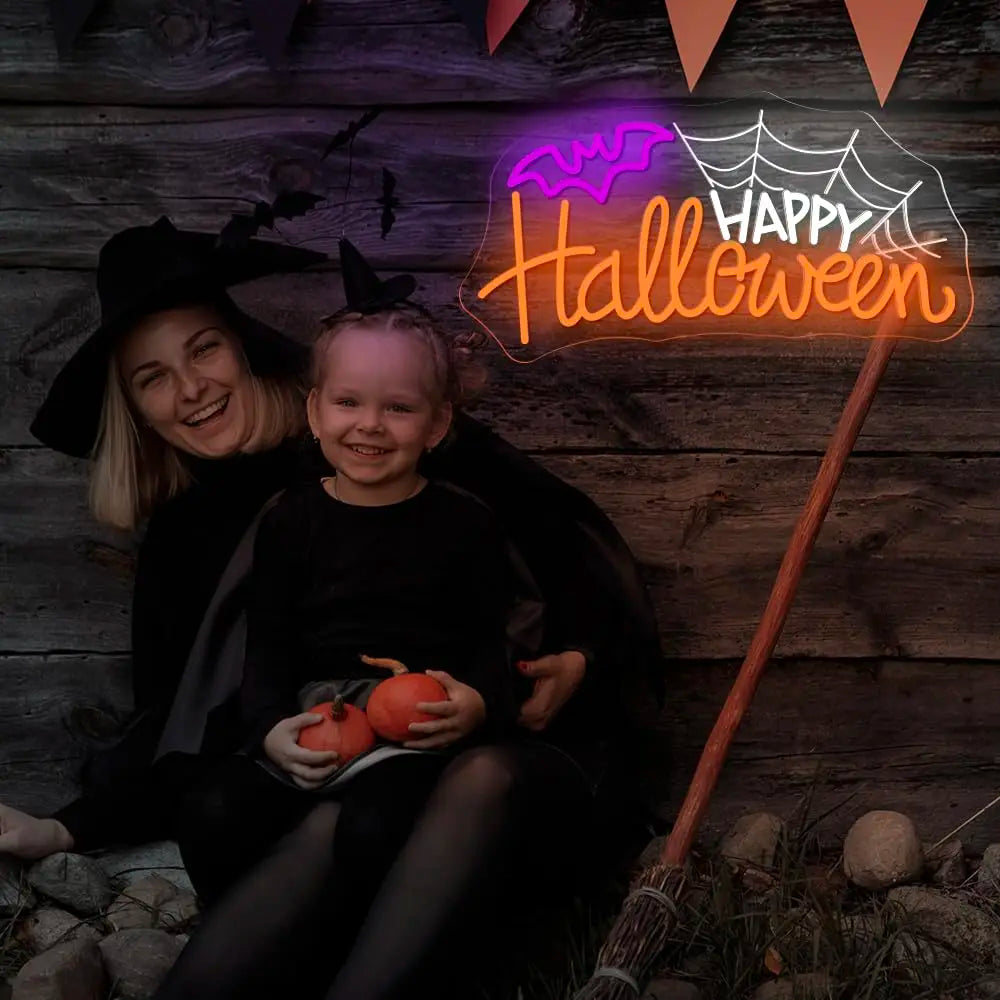 Happy Halloween Spider Web LED Neon Sign – USB Wall Decor