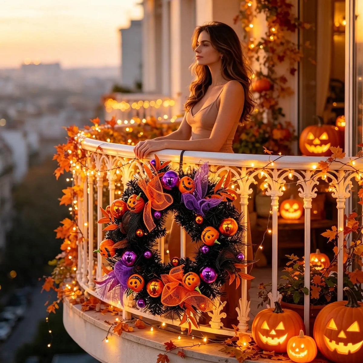 Halloween Pumpkin Ball Wreath – 19.69" Gothic Fall Door Decor