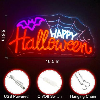 Happy Halloween Spider Web LED Neon Sign – USB Wall Decor