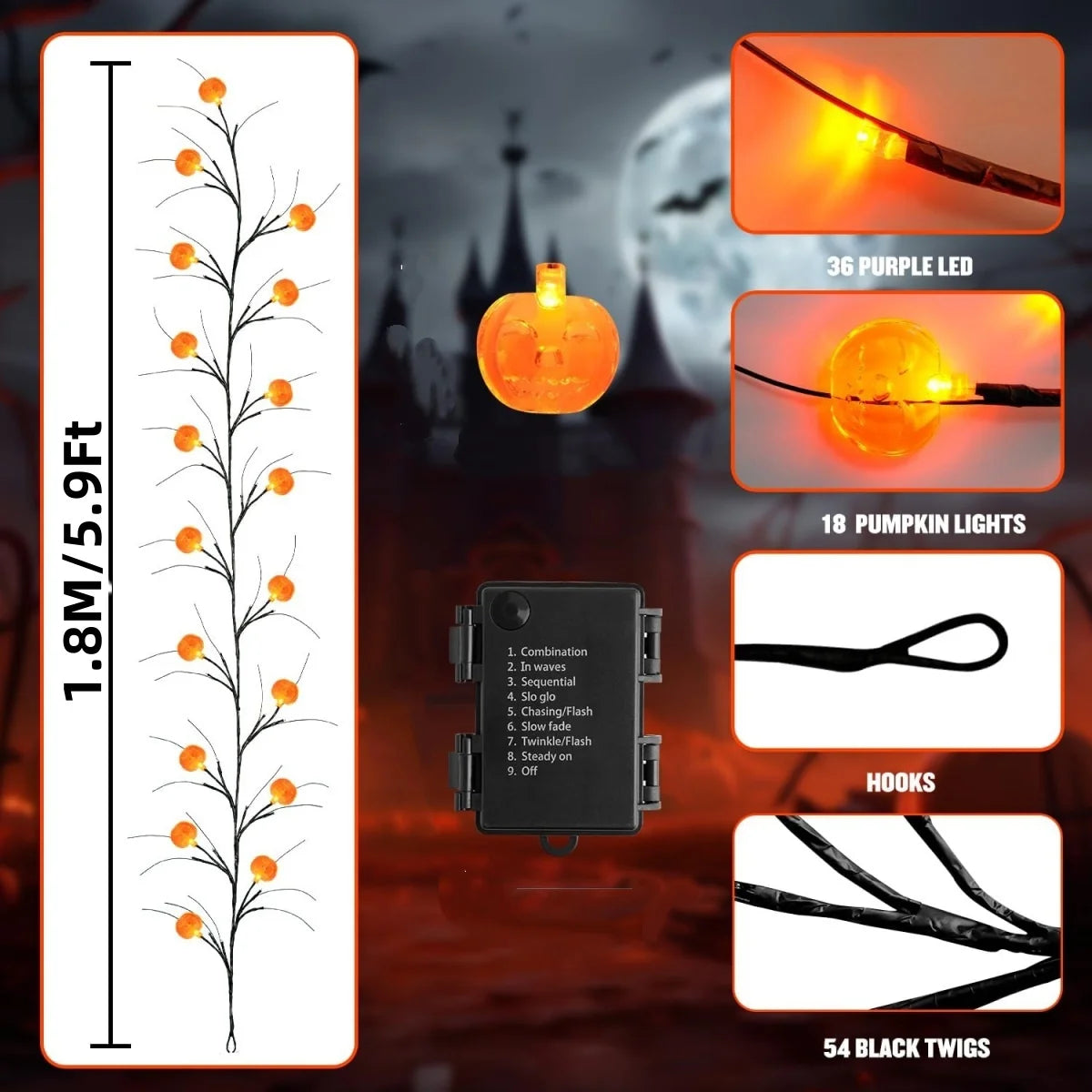 54 LED Halloween Pumpkin Willow Branch Lights – Battery Powered
