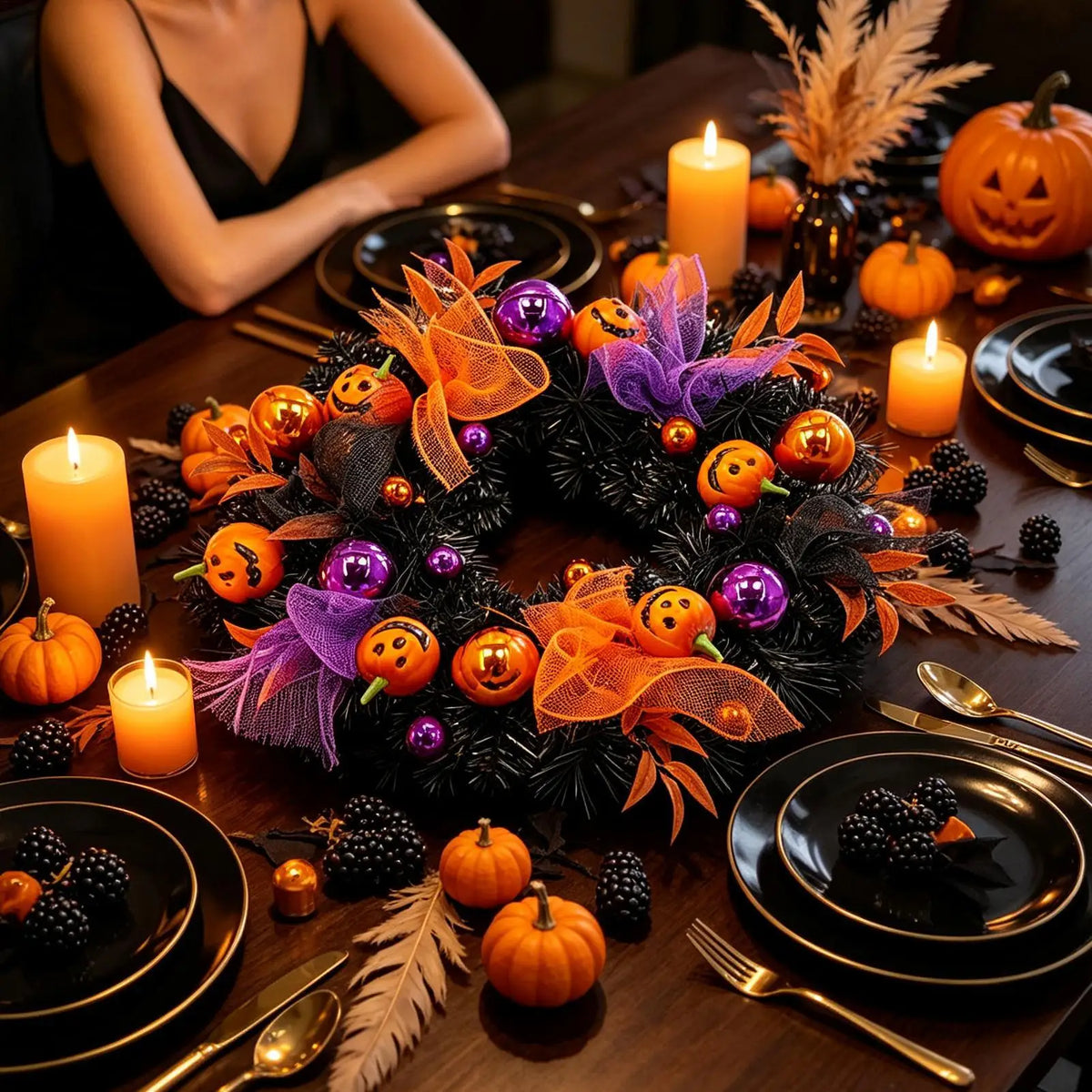 Halloween Pumpkin Ball Wreath – 19.69" Gothic Fall Door Decor