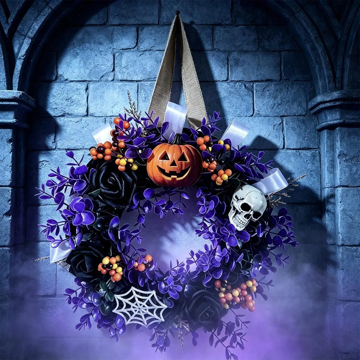Halloween Skull & Pumpkin Wreath – 13.8" Front Door Decor