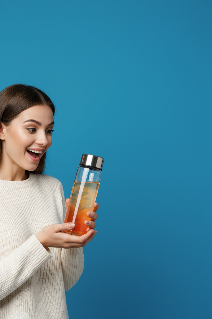 a mobile view bg image where a women smile and surprice with a thermal bottle a clear one color background she wille be on left side 