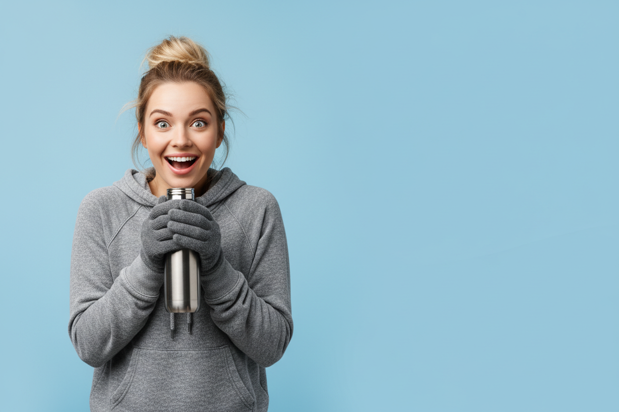 a women with surprice face and happy with wearing a hoodie and a thermal bottle . she will be on left side and right side will be free nothing will be there and a clear one color background