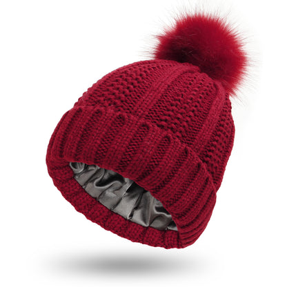 Women’s Winter Knitted Pom Pom Beanie with Satin Lining