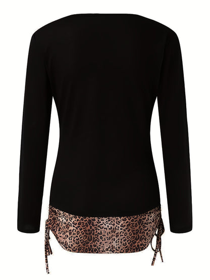 Long Sleeve Plaid Print Deep V Neck Casual T-shirt