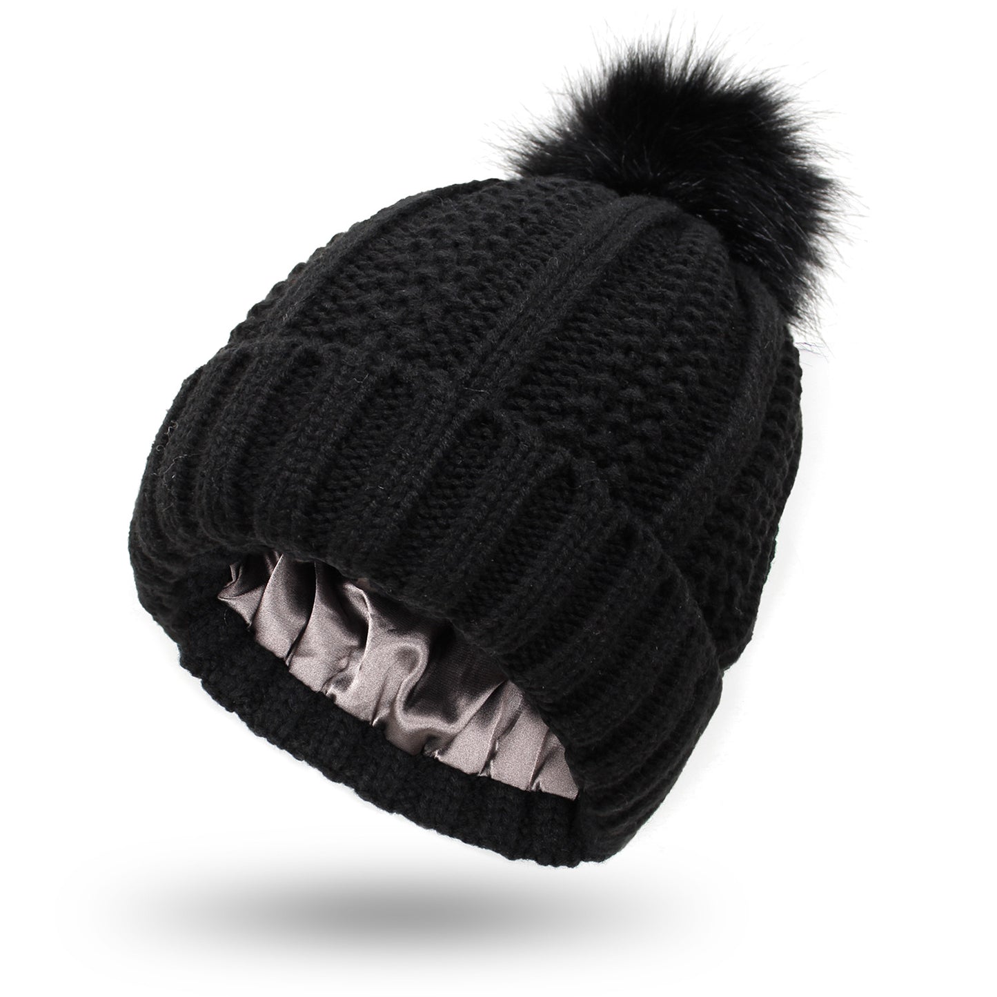 Women’s Winter Knitted Pom Pom Beanie with Satin Lining