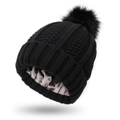 Women’s Winter Knitted Pom Pom Beanie with Satin Lining