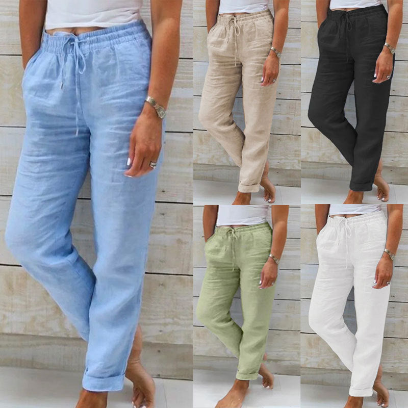 Women’s Cotton Linen High Waist Casual Straight Pants
