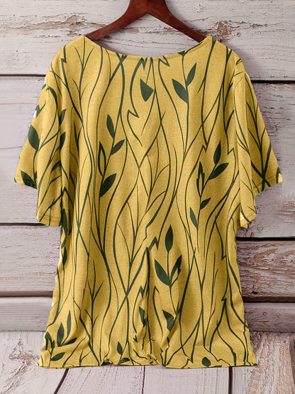 Plus Size Elegant T-shirt, Women's Plus Casual Floral Print Round Neck Half Sleeve Tee