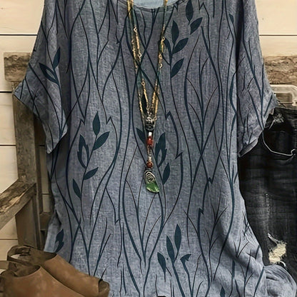 Plus Size Elegant T-shirt, Women's Plus Casual Floral Print Round Neck Half Sleeve Tee