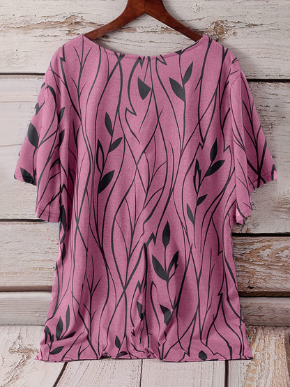 Plus Size Elegant T-shirt, Women's Plus Casual Floral Print Round Neck Half Sleeve Tee